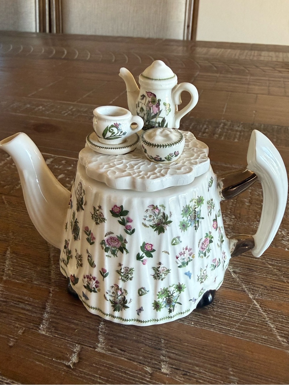 VTG Portmeirion White Porcelain Teapot with Pink and Green Floral Motif- England